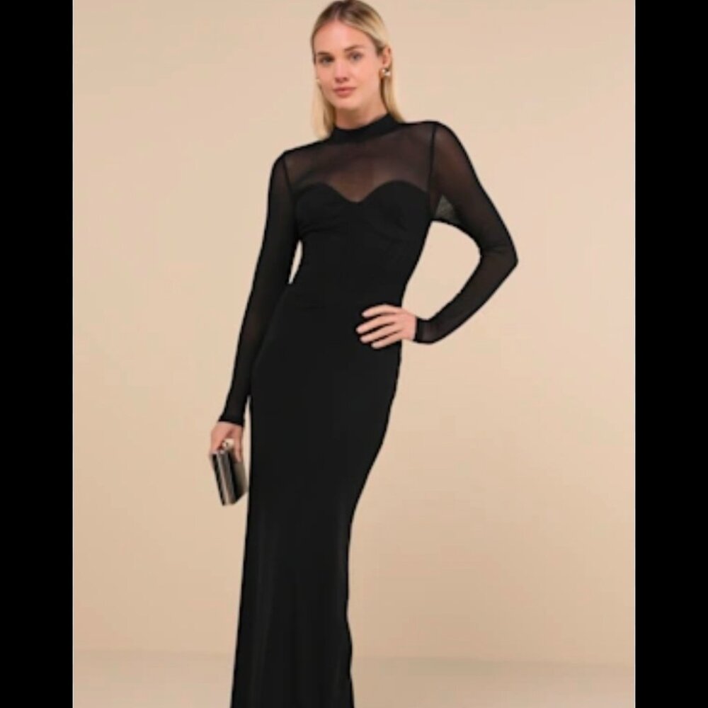 Black Mesh Long Sleeve Bodycon Corset  Midi Dress